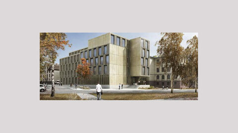 Visualisierung des erstplatzierten Entwurfs für den „Neubau Gebäude 7 für den Fachbereich 2“ der Frankfurt University of Applied Science. Der Neubau Gebäude 7 für den Fachbereich 2 der Frankfurt University of Applied Sciences wird als stringenter, durch sensible Vor- und Rücksprünge gegliederter fünfgeschossiger Quader in die Bestandsituation eingefügt.