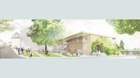 Perspektive Eingangssituation Zentralbereich Ost, Campus Geisenheim Der Sieger-Entwurf sieht mit dem neuen Hörsaalgebäude einen signifikanten baulichen Akzent vor, der für die Hochschule adressbildend wirken soll. Auf dem bisherigen Parkplatz vor dem Verwaltungsgebäude soll der Bau ein neues Entree und gleichzeitig die Verbindung zum Zentralen Institutsgebäude bilden.