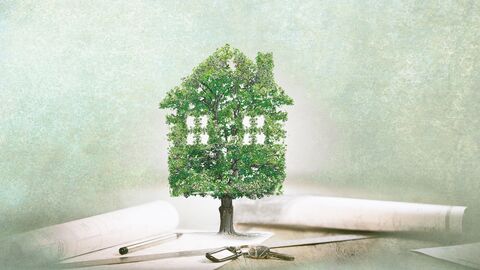 Der LBIH stellt das ressourcenschonende, energiesparende, wirtschaftliche und gesundheitsgerechte Planen, Bauen, Sanieren und Betreiben von Gebäuden in den Vordergrund seiner Arbeit. Aus einem Bauplan erwächst ein Baum, der die Form eines Hauses trägt.