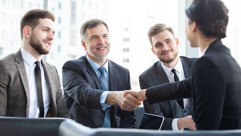 Der LBIH hat die Aufgabe, landeseigene Grundstücke und Gebäude nach betriebswirtschaftlichen Prinzipien zu nutzen und zu verwerten. In einem Büro geben sich eine Frau und ein Mann im Anzug in Anwesenheit von Teammitgliedern die Hand.