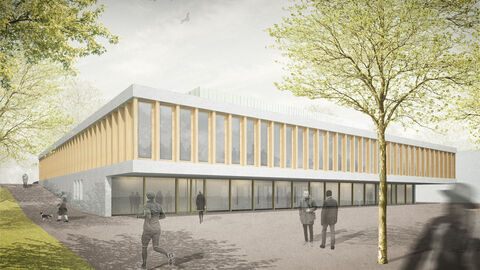 Die Visualisierung des erstplatzierten Entwurfs für das Getränketechnologische Zentrum (GTZ) des Architekturbüros Bez + Kock Architekten Generalplaner GmbH. Beim Gebäude Hörsaal und Getränketechnologisches Zentrum ist die gleiche Materialität wie beim Logistikgebäude geplant: Oberflächenbearbeiteter Beton, kräftige Holzelemente und großformatige Glasscheiben kennzeichnen das geplante Gebäude.
