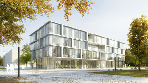 Visualisierung des Neubaus des Graduiertenzentrums Kulturwissenschaften der Justus-Liebig-Universität Gießen Die Fassade des geplanten Neubaus des Graduiertenzentrums Kulturwissenschaften an der Justus-Liebig-Universität Gießen zeigt ein Wechselspiel von Blöcken aus einer filigranen Betonkonstruktion mit Glas und verleihen dem Gebäude eine transparente Erscheinung.