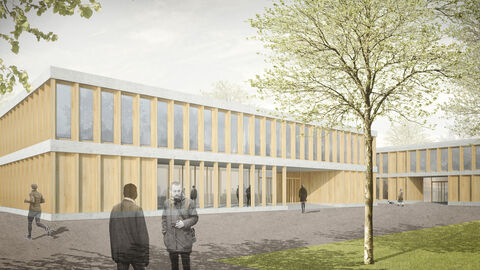 Die Visualisierung des erstplatzierten Entwurfs für das Hörsaalgebäude des Architekturbüros Bez + Kock Architekten Generalplaner GmbH. Der zweigeschossige Baukörper soll mit einer Holz-Glasfassade ausgestattet werden und bildet zusammen mit dem Seminargebäude Logistik den neuen Eingang der Hochschule Geisenheim.