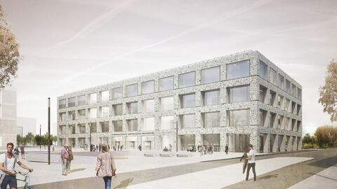 Das Seminargebäude mit seiner monolithischen Form besitzt eine klar gegliederte Fassade und lässt über großflächige Öffnungen das Innere des Seminargebäudes nach außen scheinen.