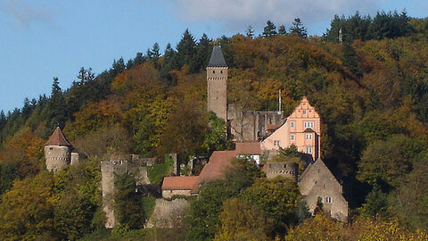 Im Bild ist Schloss Hirschhorn mit seiner unverwechselbaren Silhouette aus Mauern, Giebeln und Turm auf einem Bergrücken zwischen Neckar- und Finkenbachtal zu sehen.