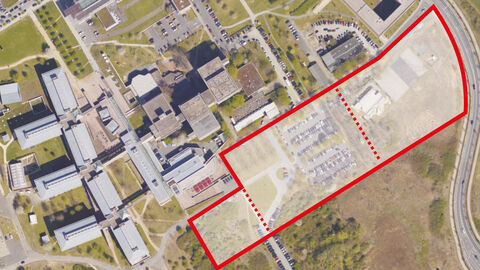 Übersichtsplan Realisierungswettbewerb für den Neubau Chemische Institute (1. Bauabschnitt) und Technikzentrale, Campus Riedberg Im Bild ist ein Übersichtsplan des Campus Riedberg zu sehen, in dem die Baufläche für die neuen Gebäude der Chemischen Institute eingezeichnet ist.