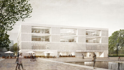 Visualisierung des Entwurfs für den Neubau der Zentralbibliothek der Justus-Liebig-Universität Gießen Die Architektur des Neubaus der Zentralbibliothek an der Justus-Liebig-Universität Gießen macht das innere Gefüge der Bibliothek mit seinen öffentlichen und nicht öffentlichen Bereichen auch von außen sichtbar.