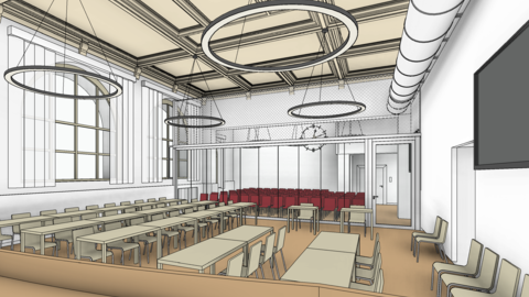Fotosimulation Sitzungssaal nach Fertigstellung.  Fotosimulation des Sitzungssaals im Justizzentrums an der Konstablerwache in Frankfurt am Main. Zu sehen ist ein heller Raum mit kreisrunden Lampen. Eine Glastür trennt die Prozessbeteiligten und Zuschauer*innen voneinander ab.