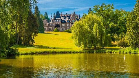 Schlosspark Rauischholzhausen Das Foto zeigt den Schlosspark Rauischholzhausen mit einem See im Vordergrund. Im Hintergrund ist das Schloss zu erkennen.