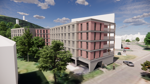 Eine Visualisierung des Architekturbüros ZWO16 Ingenieure Heumüller & Partner PartG mbB zeigt das neue Apartmentgebäude Eine Visualisierung des Architekturbüros ZWO16 Ingenieure Heumüller & Partner PartG mbB zeigt das neue Apartmentgebäude