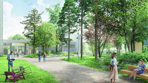 Die Visualisierung zeigt eine Ansicht des erstplatzierten Entwurfs. Im Bild ist ein Ausschnitt des erstplatzierten Entwurfs der Freianlage für den Campus der Hochschule Darmstadt zu sehen.
