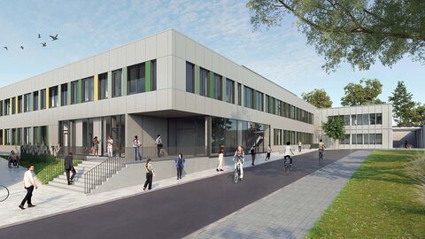 An der Justus-Liebig-Universität Gießen wurde heute das Richtfest für das neue Forschungsgebäude Gießen Center for Electrochemical Materials Research (GC-ElMaR) gefeiert. Das Foto zeigt, wie der Bau nach seiner Fertigstellung, die voraussichtlich im Jahr 2027 erfolgen soll, aussieht. 